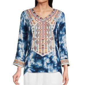 John Mark Embroidered Tie Dye Print V-Neck 3/4 Sleeve High-Low Blouse